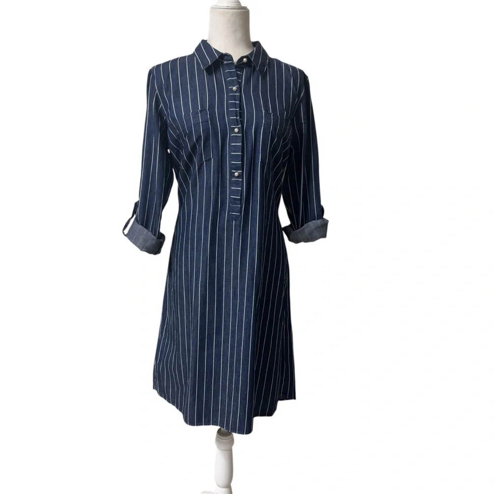 Given Kale denim striped pear button chambray lagen‎ coastal, shirtdress sz L